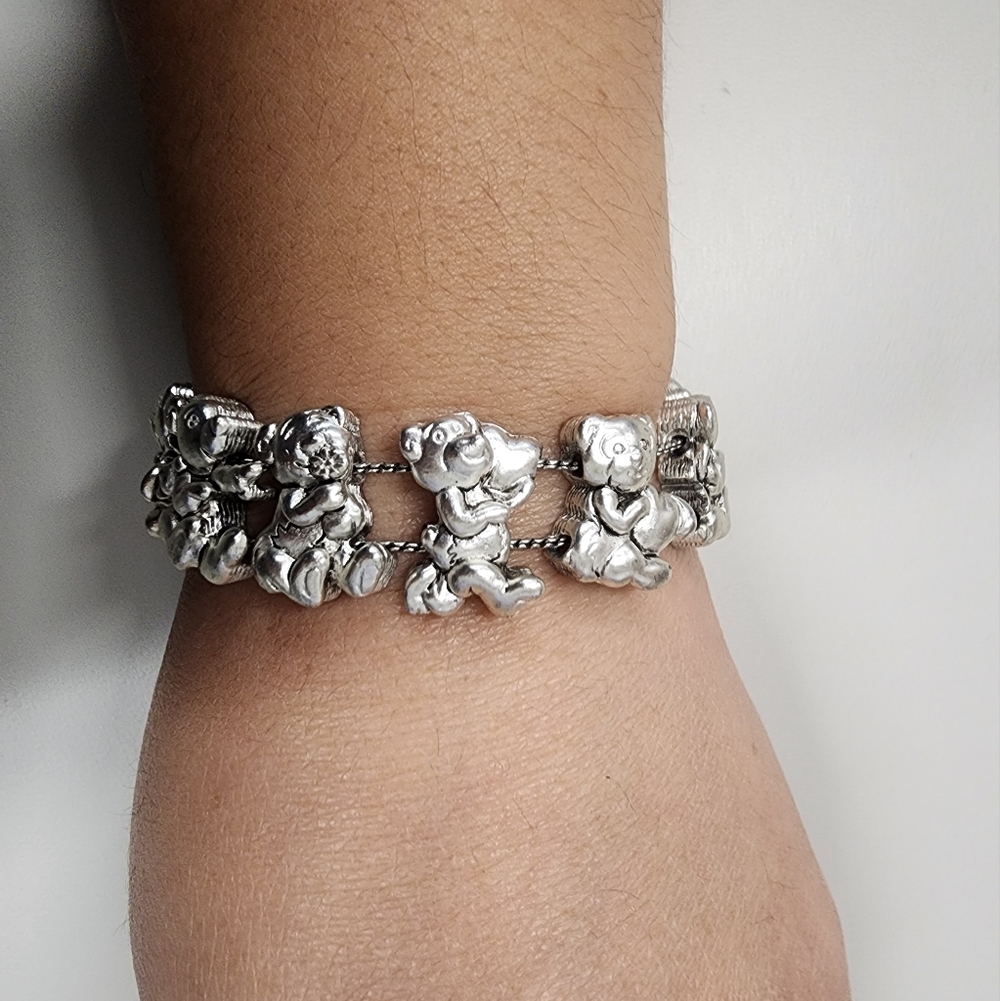 Vintage Teddy Bear Slider Bracelet Silver Tone Collectible Figural 3D Charm